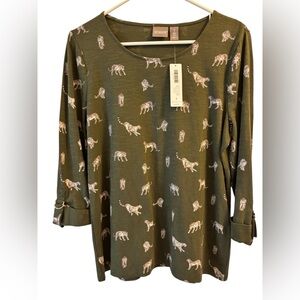 NWT Chico’s cotton 3/4 sleeve sage green cheetah patterned pullover Sz 1 (small)